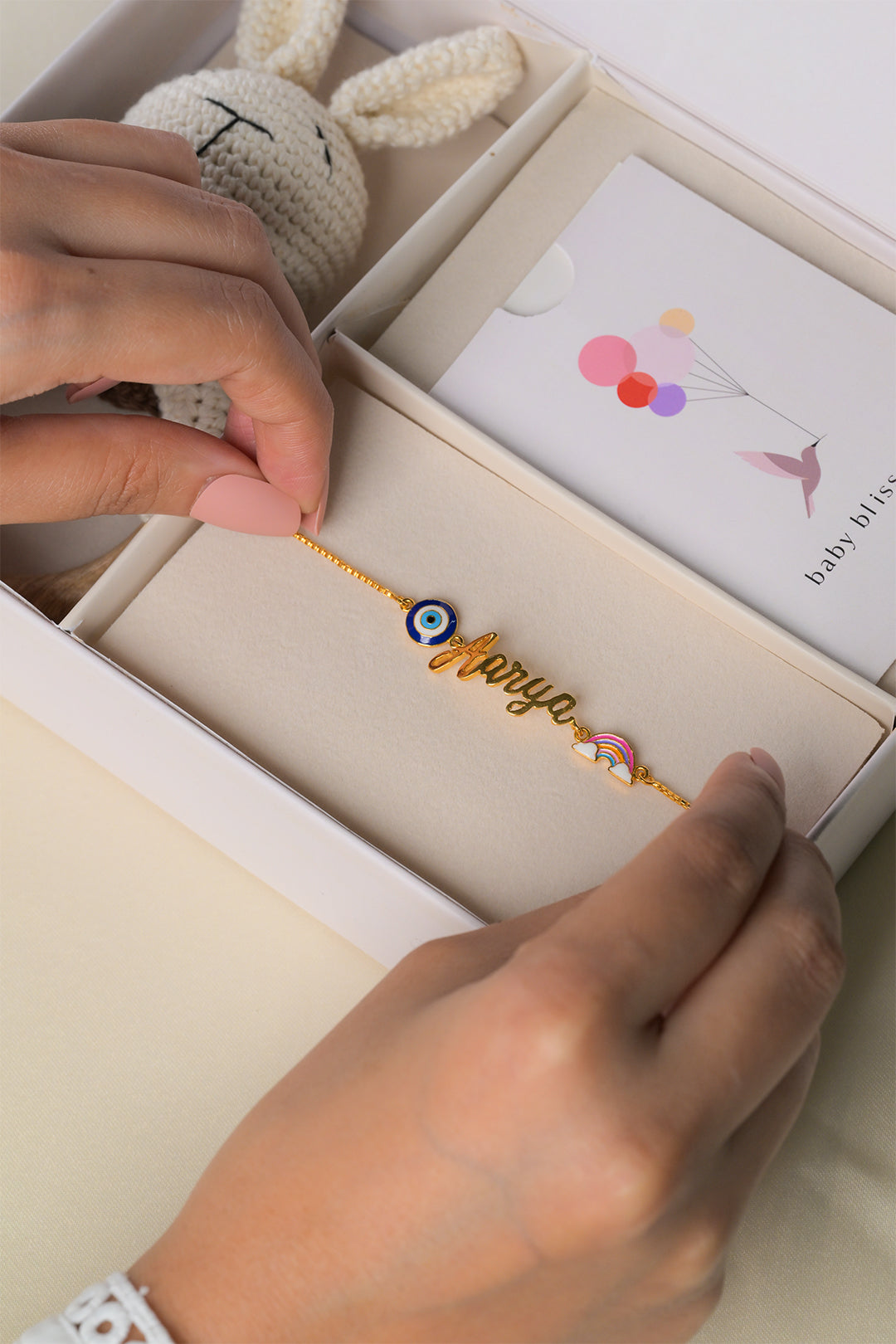 Personalized Name Evil Eye Rainbow Silver Bracelet