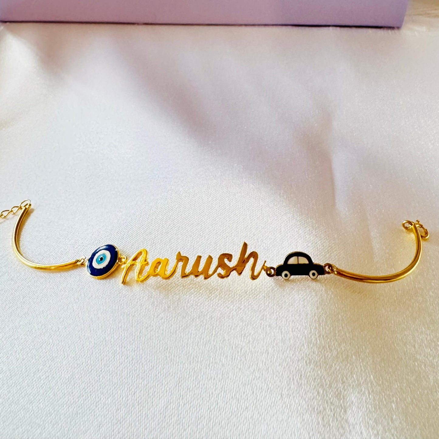 Personalized Name Evil Eye Car Silver Bracelet