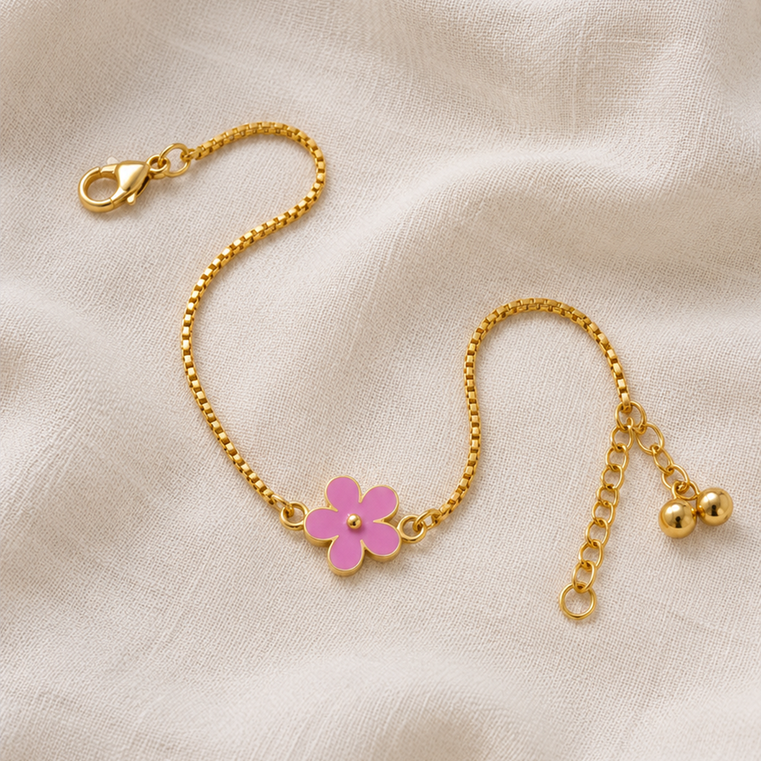 Pink Flower Silver Anklet