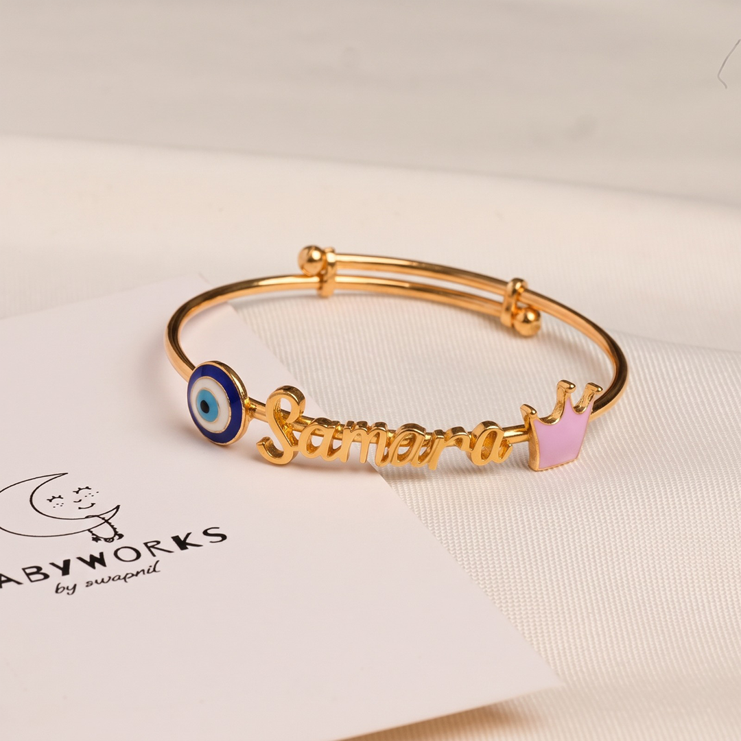 Personalized Name Evil Eye Pink Crown Silver Kada