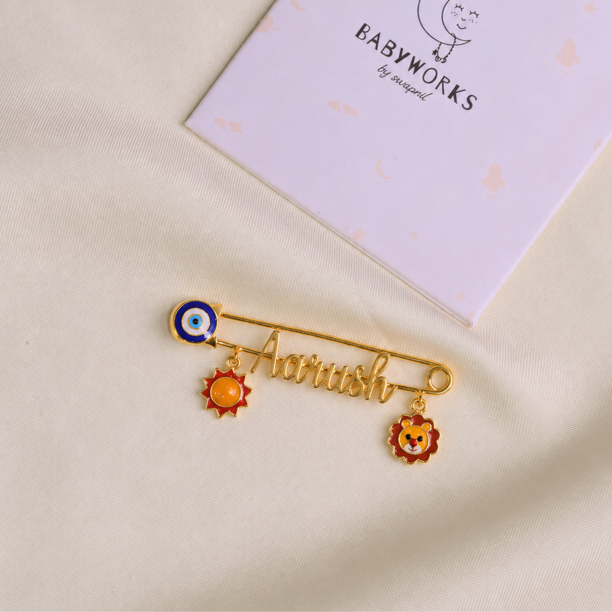 Personalized Name Evil Eye Sun Lion Silver Lapel Pin