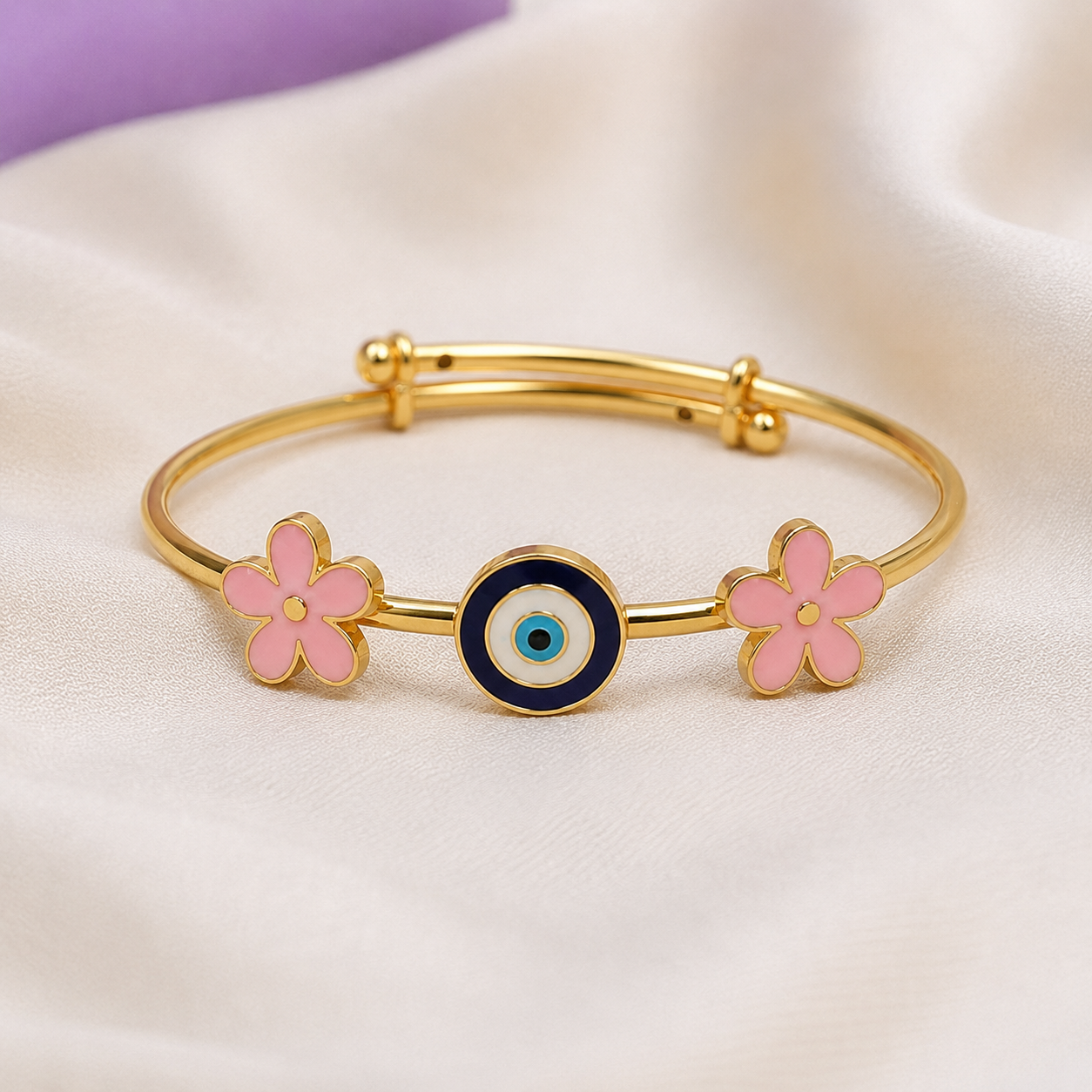 Evil Eye Pink Flower Silver Kada