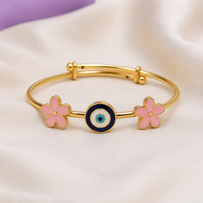 Evil Eye Pink Flower Silver Kada