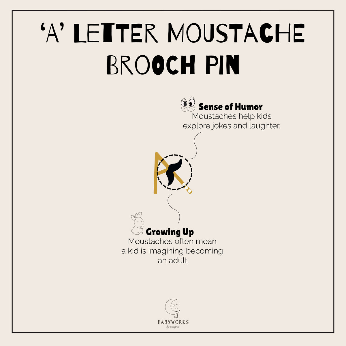 'A' Letter Moustache Gold Brooch Pin feature image