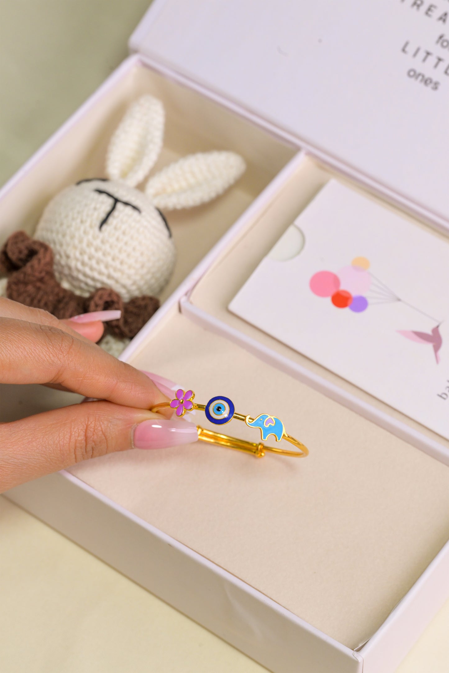 Flower Evil Eye Elephant Silver Kada