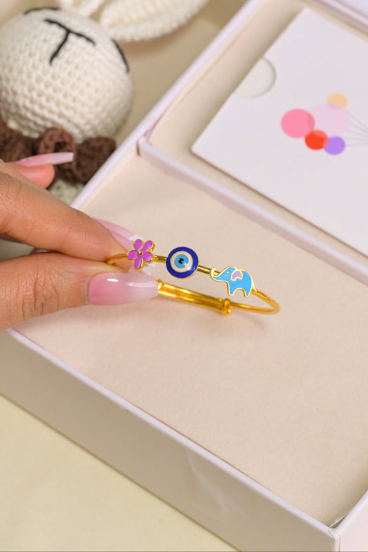 Flower Evil Eye Elephant Silver Kada