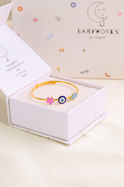 Flower Evil Eye Elephant Silver Kada