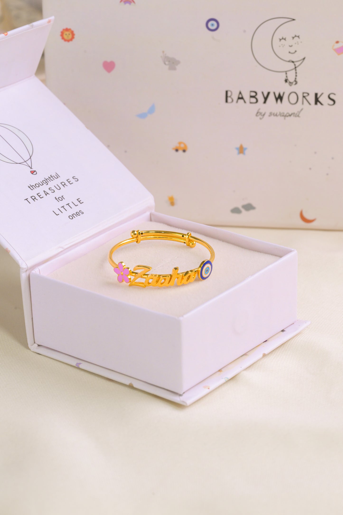 Personalized Name Flower Evil Eye Silver Kada