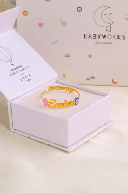 Personalized Name Flower Evil Eye Silver Kada