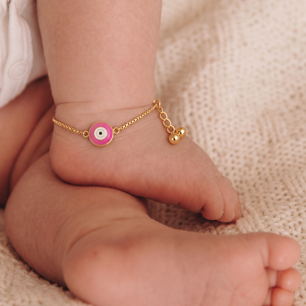 Pink Evil Eye Silver Anklet