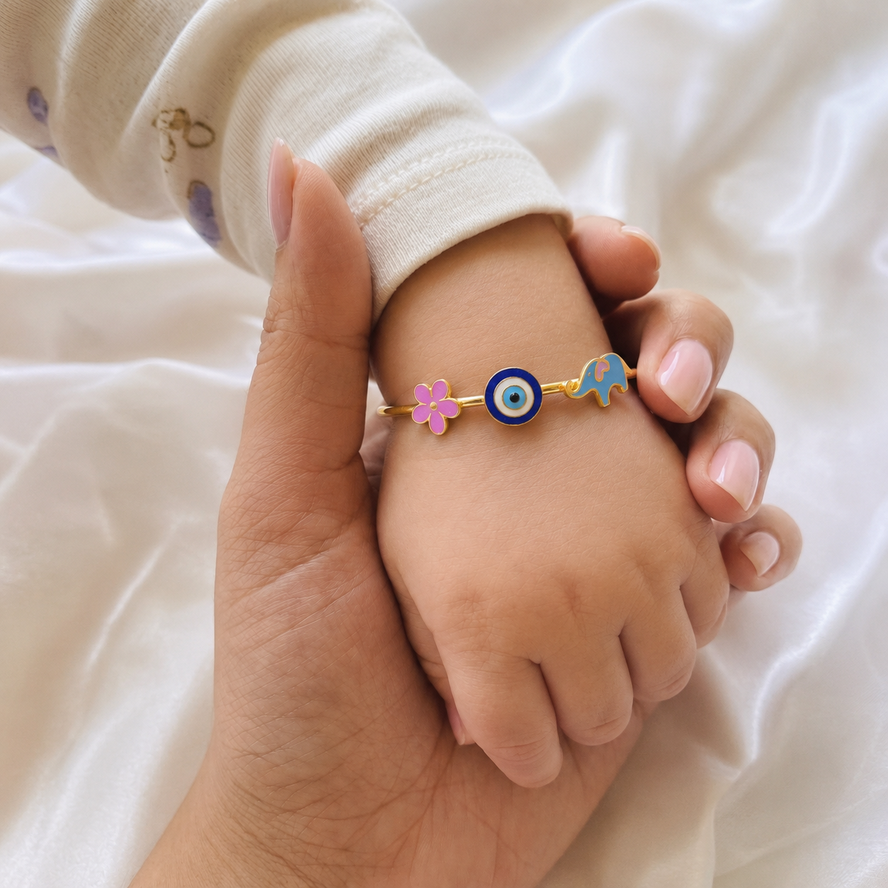 Flower Evil Eye Elephant Silver Kada