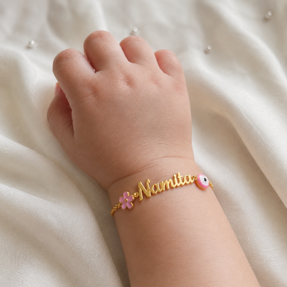 Personalized Name Flower Evil Eye Silver Bracelet