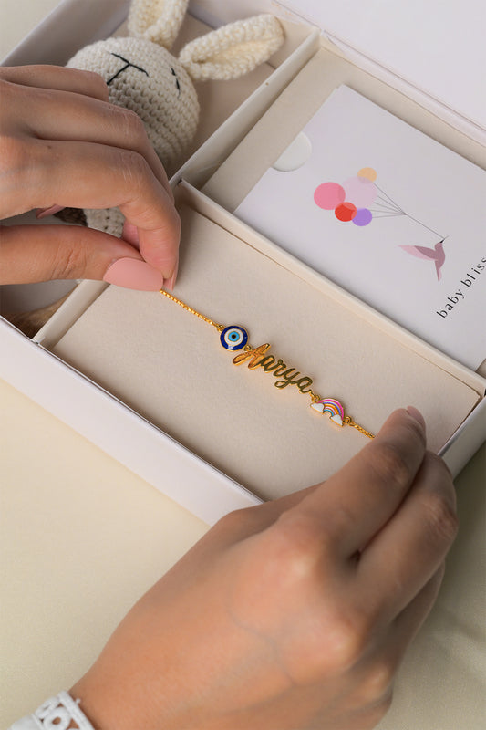 Personalized Name Evil Eye Rainbow Gold Bracelet