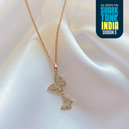 Diamond Silver Double Butterfly Pendant With Chain