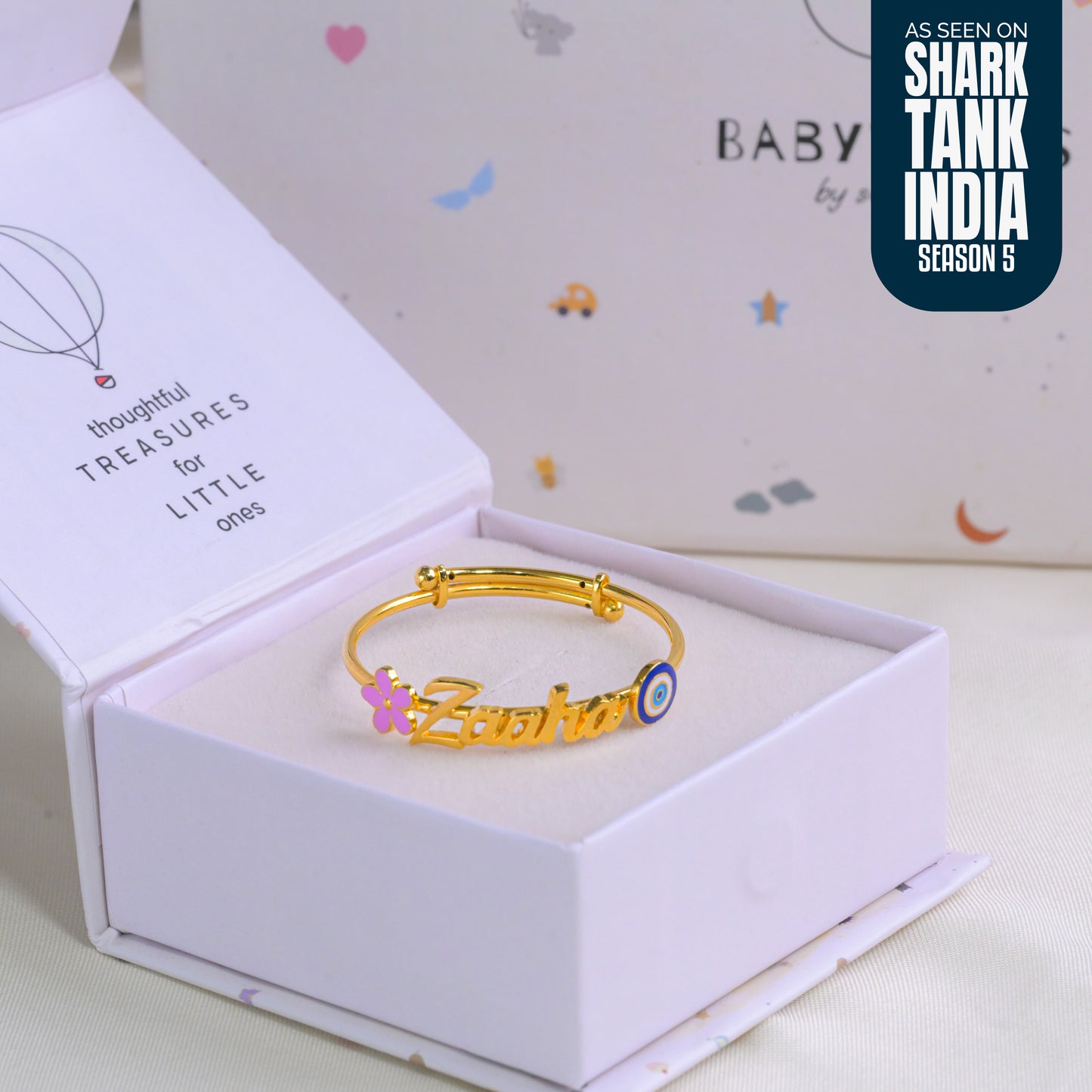 Personalized Name Flower Evil Eye Silver Kada