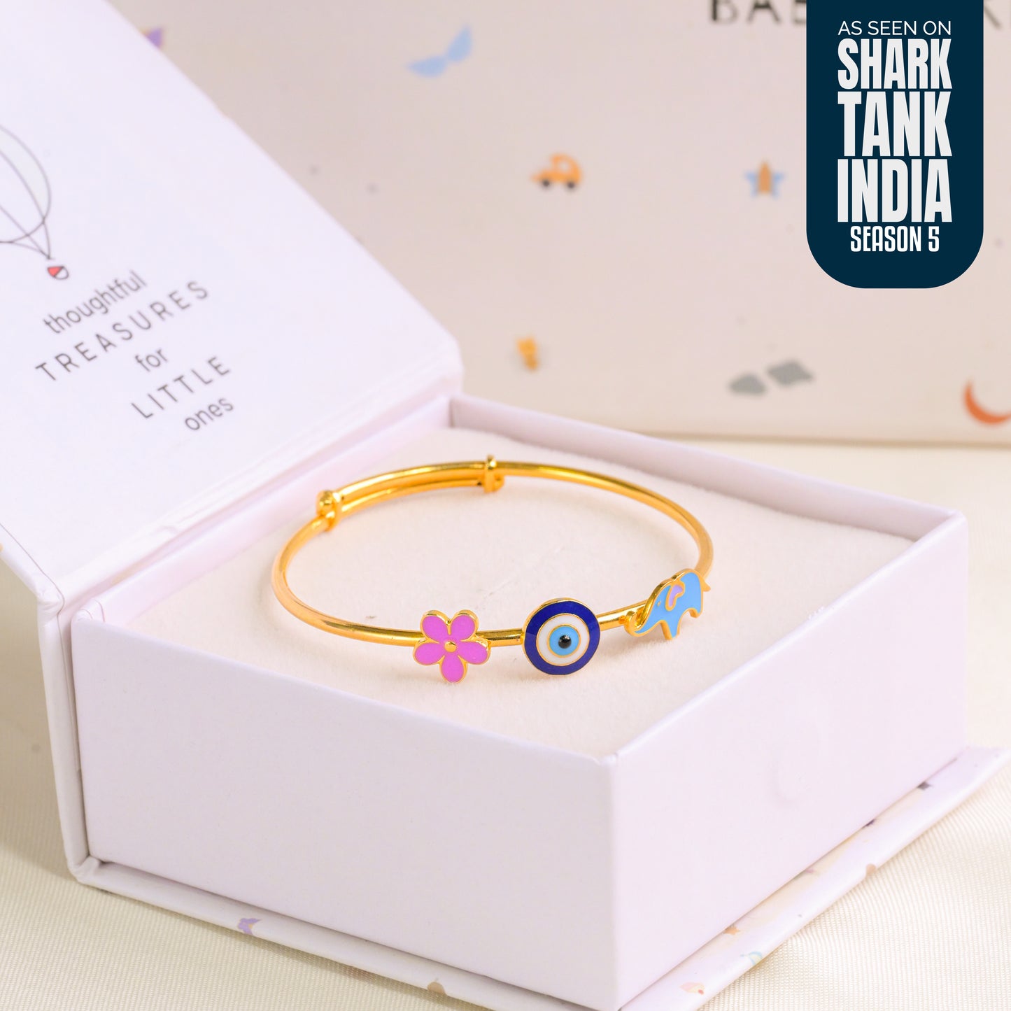 Flower Evil Eye Elephant Silver Kada