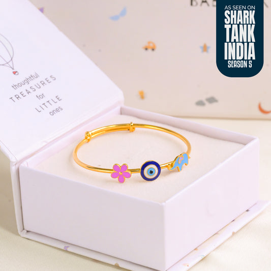 Flower Evil Eye Elephant Silver Kada