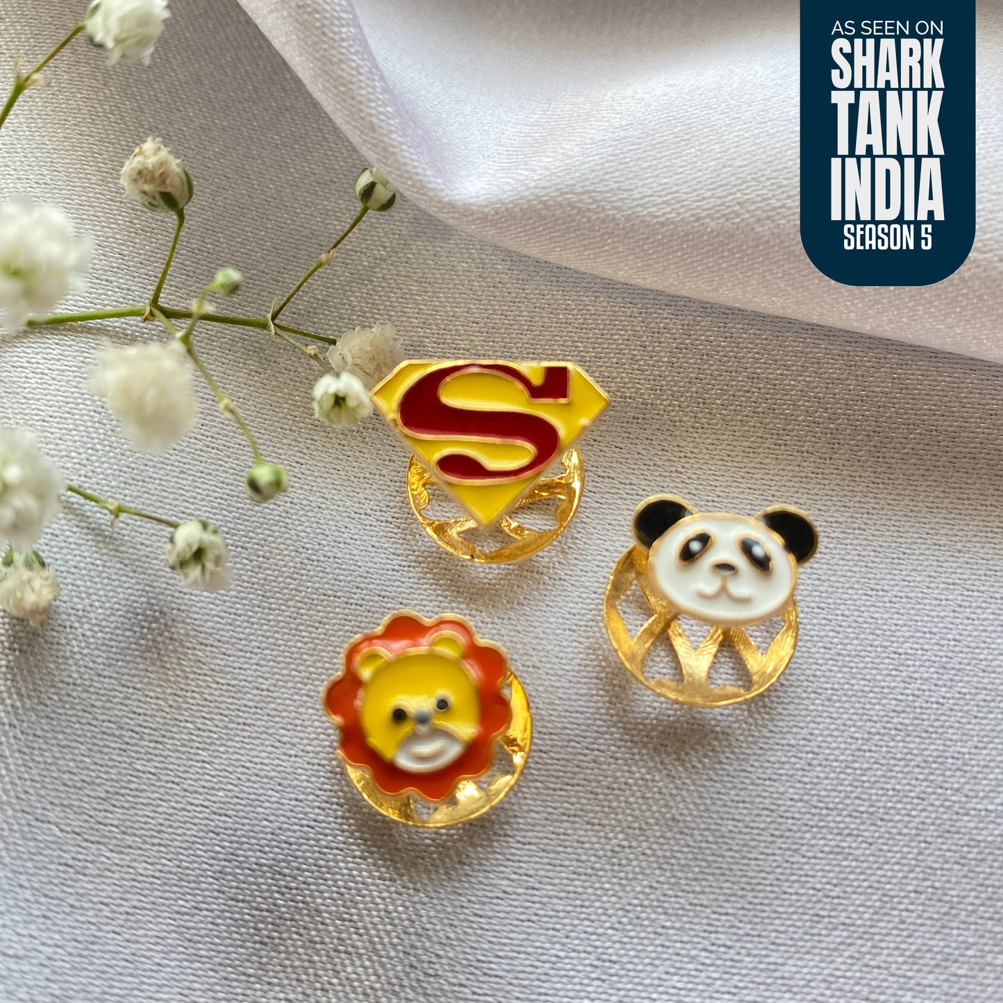Lion Panda Super Man Kurta Silver Buttons Set