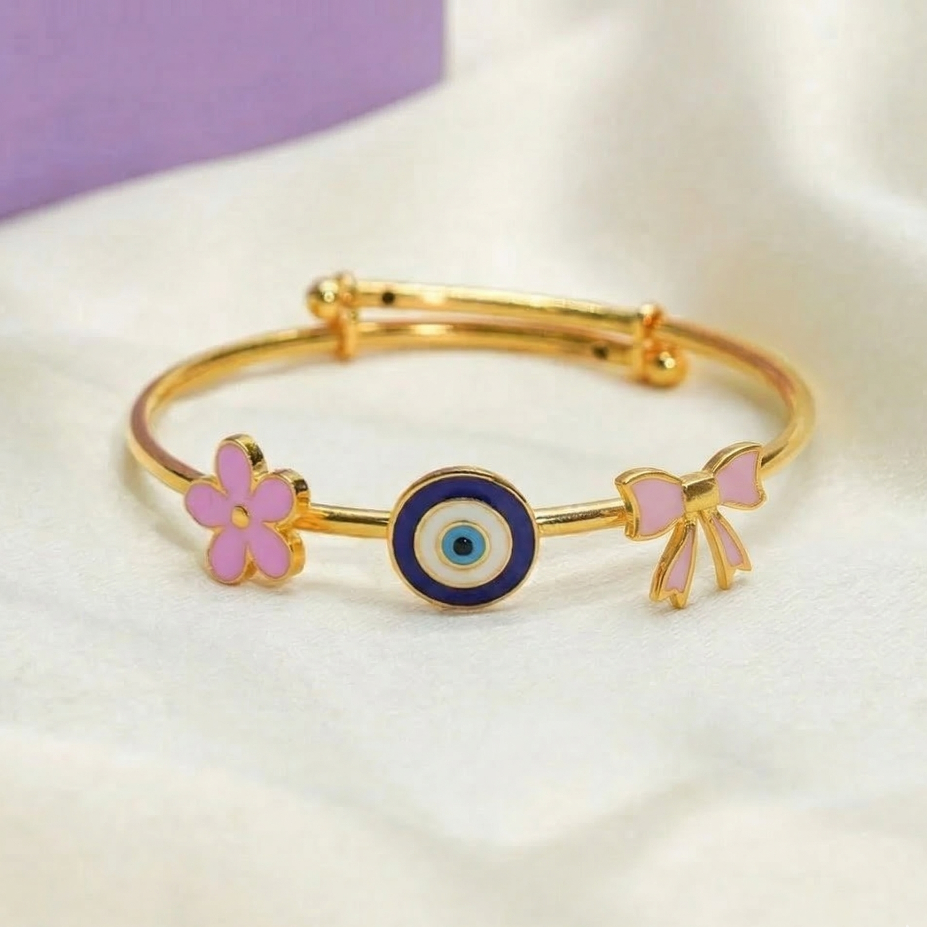 Evil eye flower bow silver kada for baby