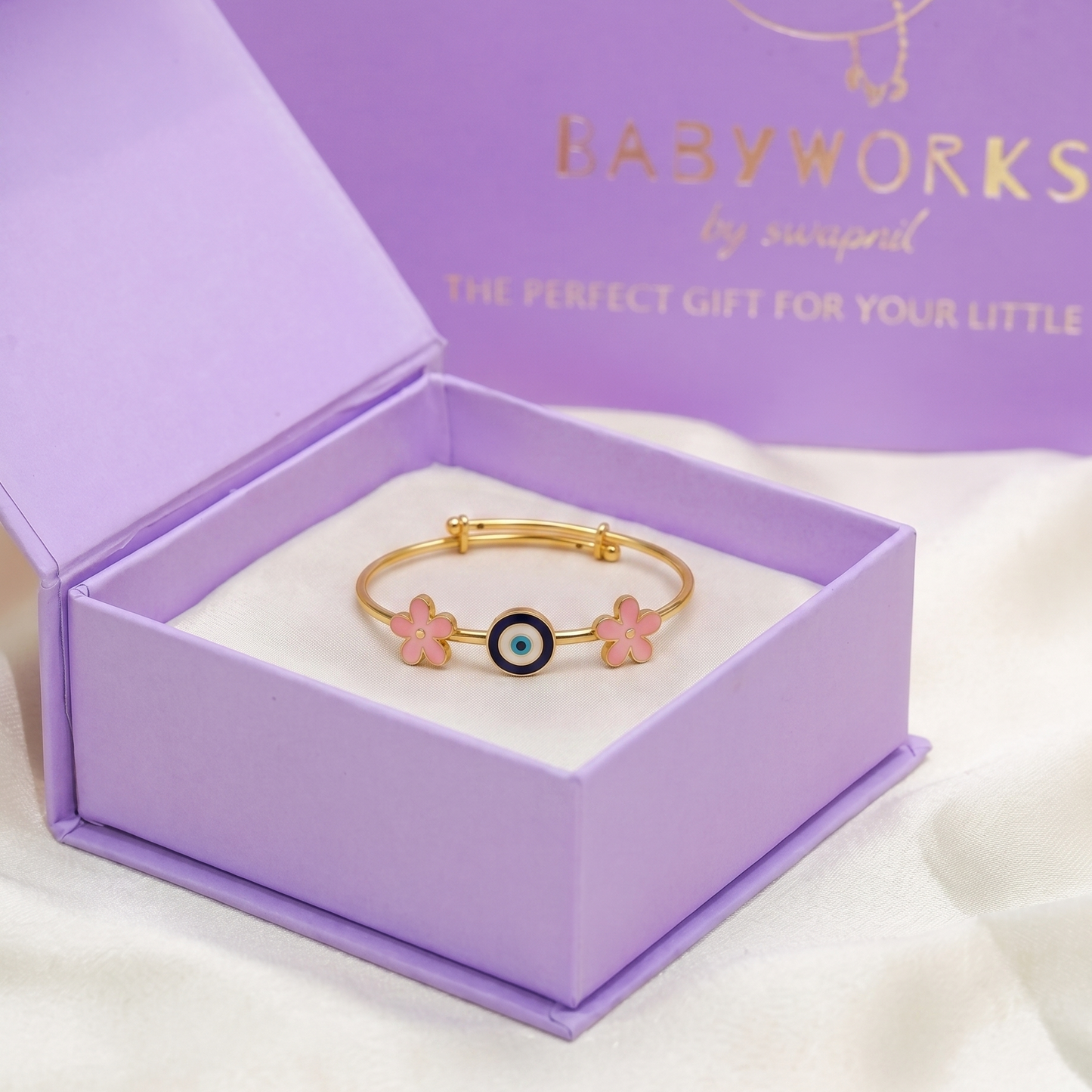 Evil Eye Pink Flower Silver Kada