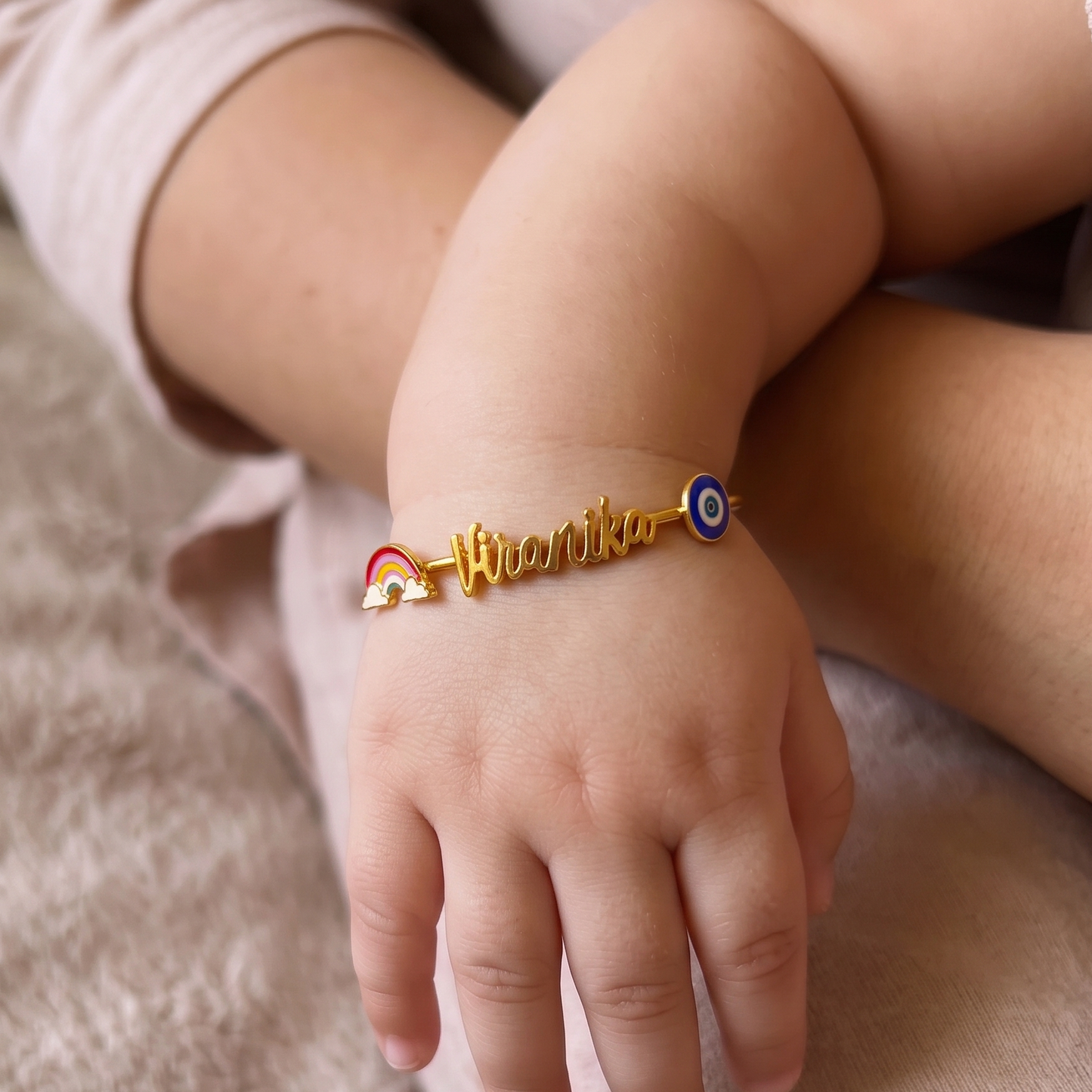 Personalized Name Rainbow Evil Eye Silver Kada