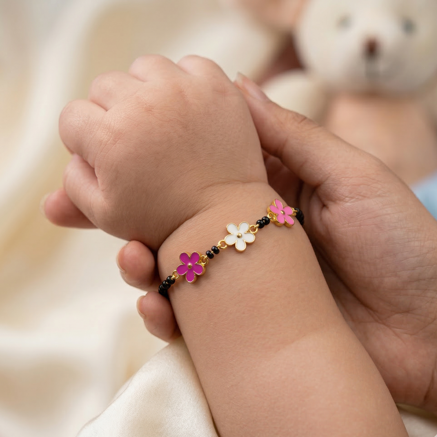 White Pink Flower Trio Silver Nazariya