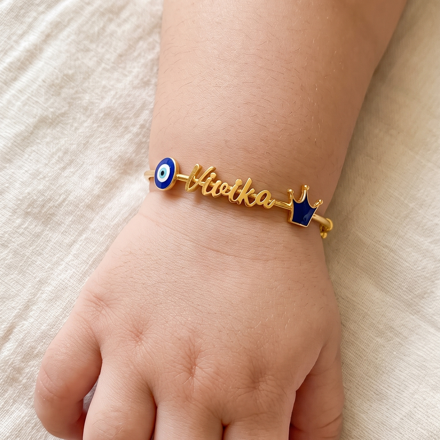 Personalized Name Crown Evil Eye Silver Kada