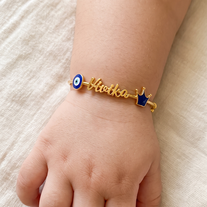 Personalized Name Crown Evil Eye Silver Kada