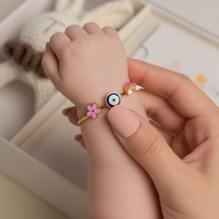 Rainbow Flower Evil Eye Silver Kada