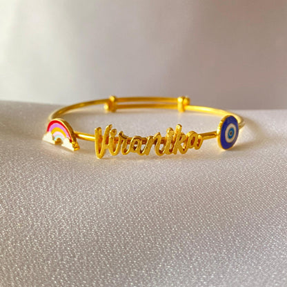 Custom Name Baby Kada With Rainbow & Evil Eye Charm