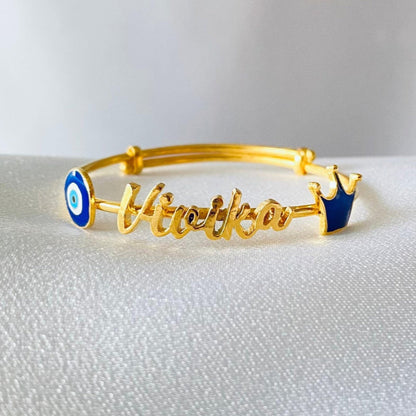 Newborn Name Kada Bracelet With Evil Eye & Crown - Silver Kada