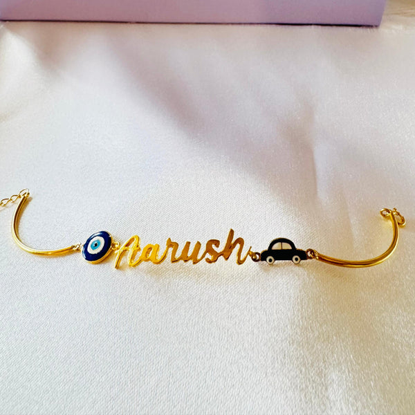 Personalized Name Evil Eye Car Silver Bracelet