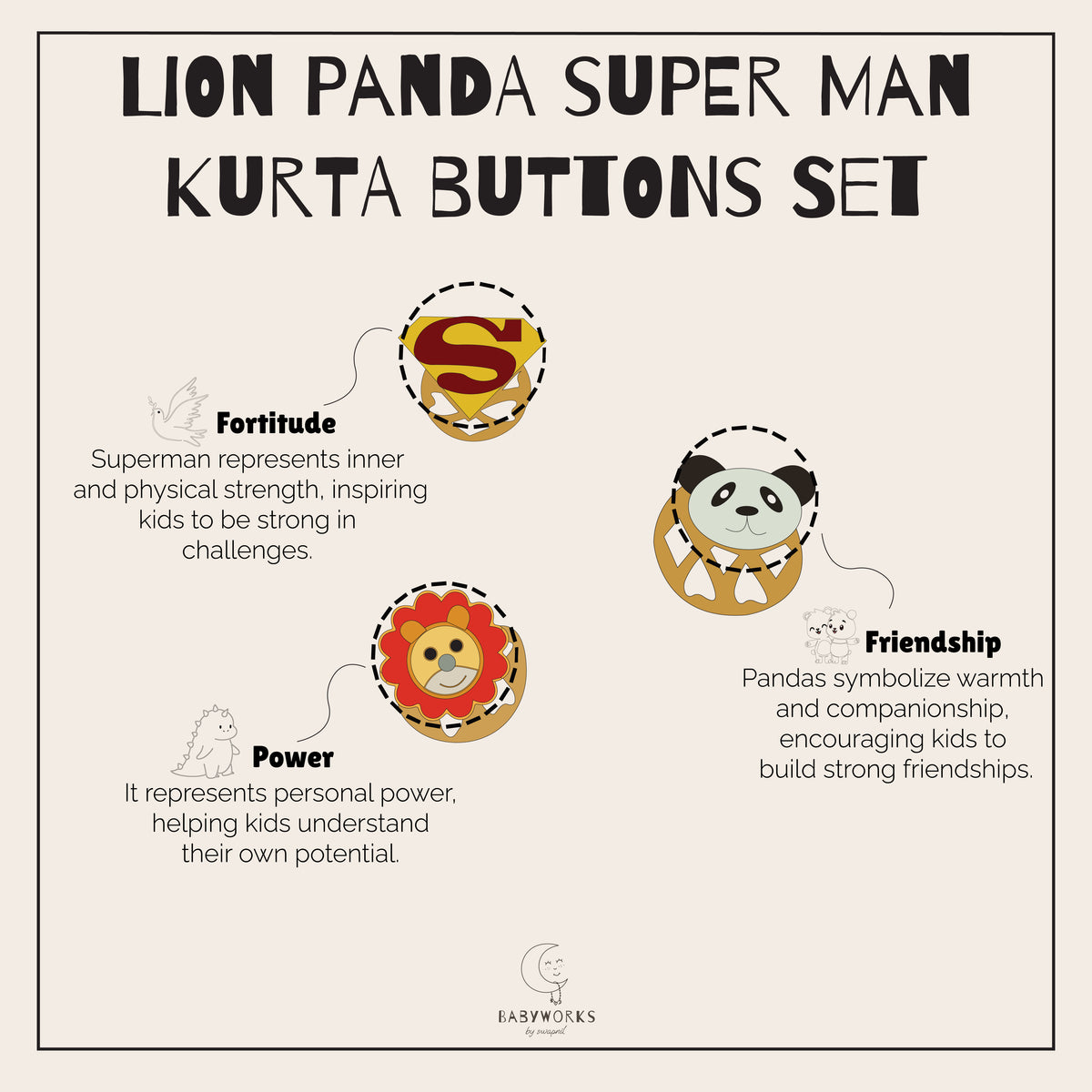 Lion Panda Super Man Kurta Buttons Set Silver feature image
