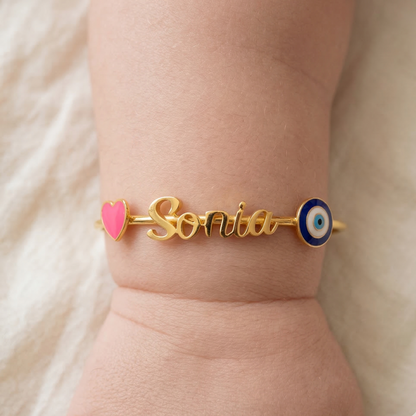 Personalized Name Heart Evil Eye Silver Kada