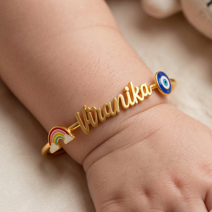 Personalized Name Rainbow Evil Eye Silver Kada