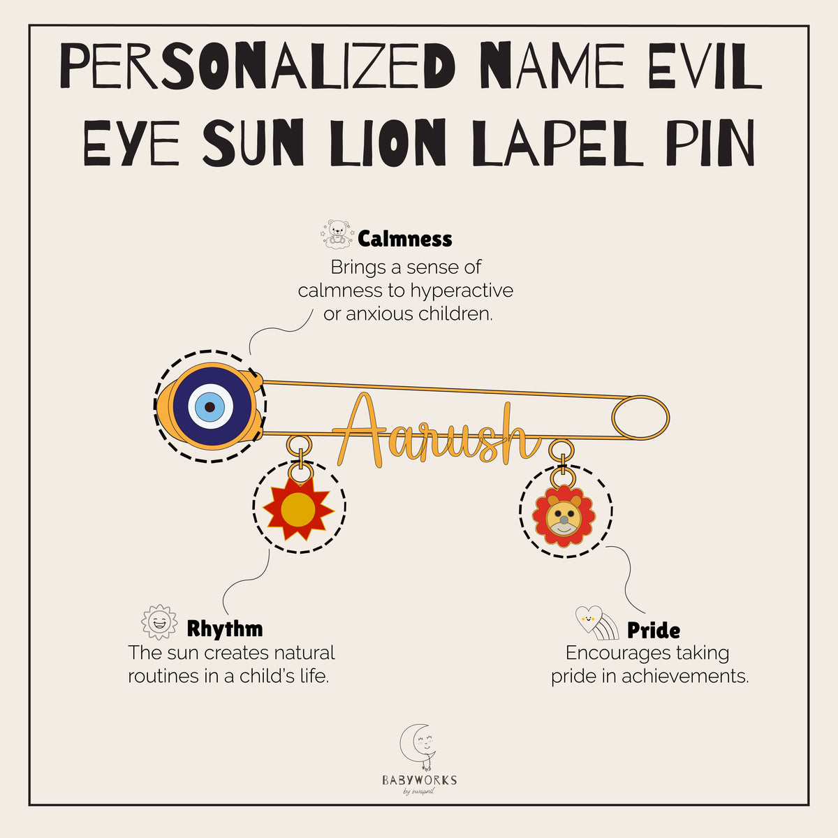 Personalized Name Evil Eye Sun Lion Silver Lapel Pin feature image