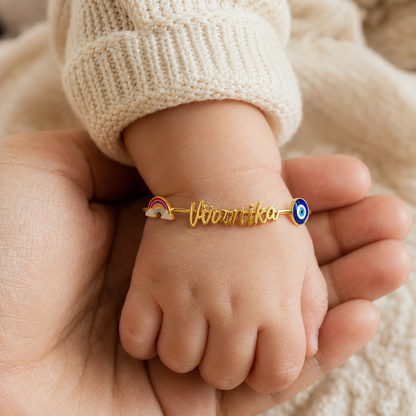 Personalized Name Rainbow Evil Eye Silver Kada