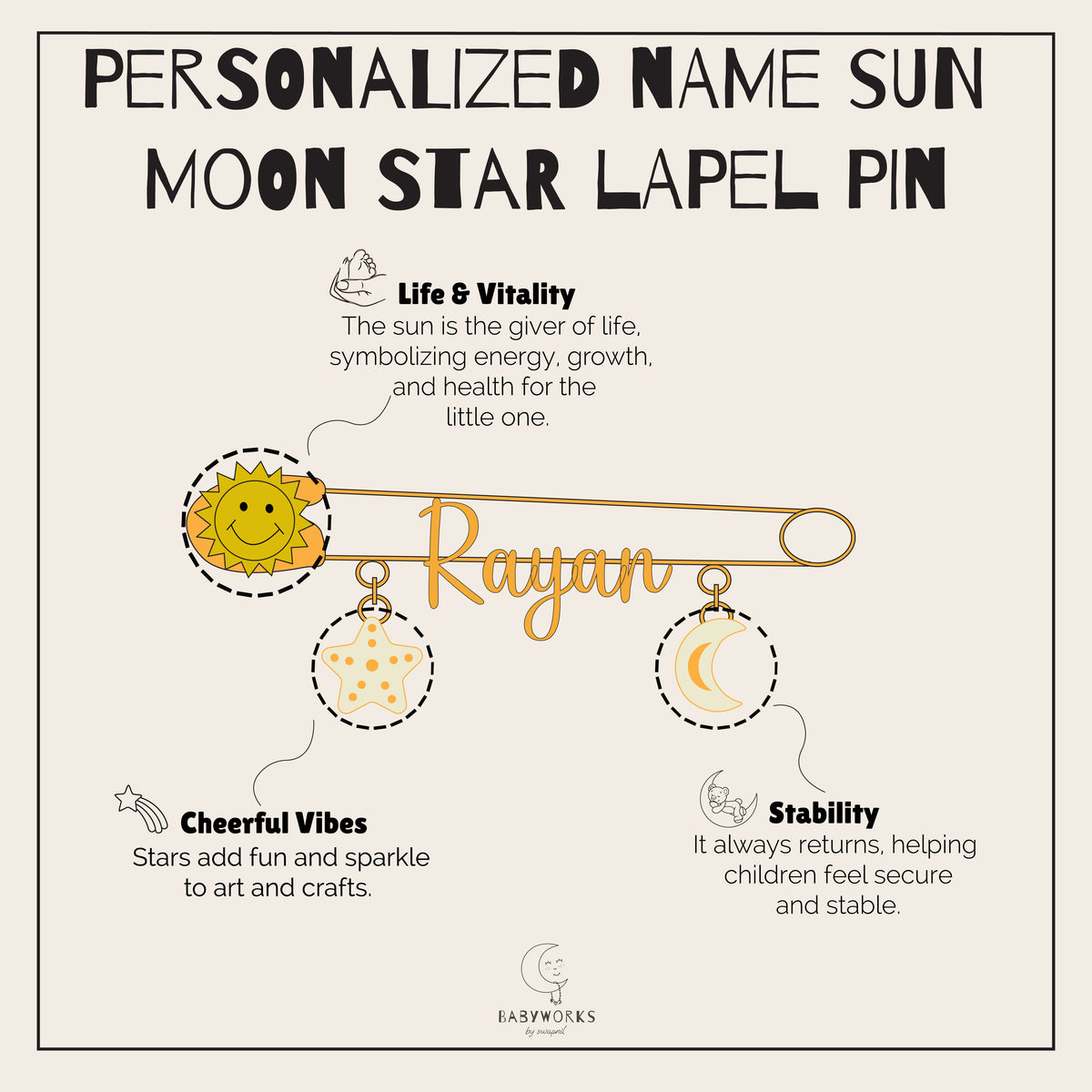 Personalized Name Sun Moon Star Silver Lapel Pin feature image