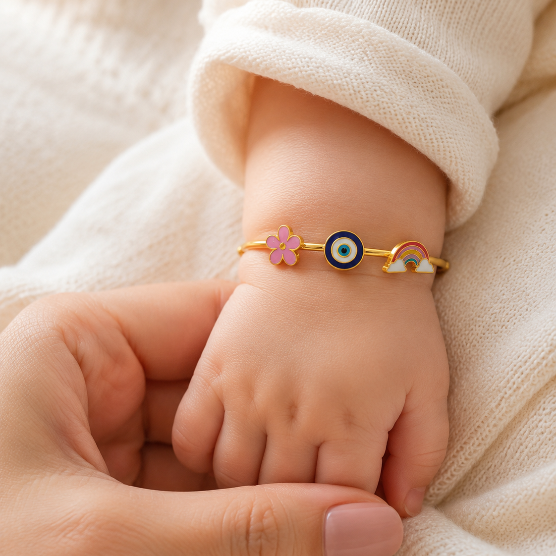 Rainbow Flower Evil Eye Silver Kada