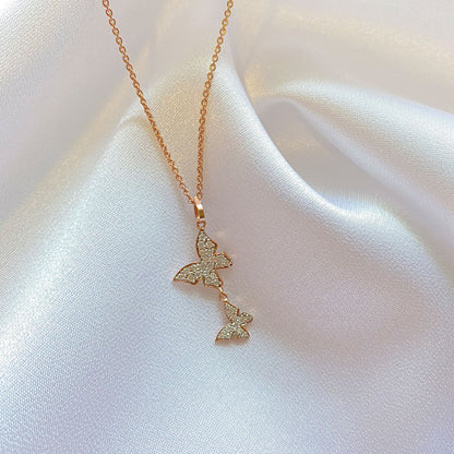 Diamond Silver Double Butterfly Pendant With Chain