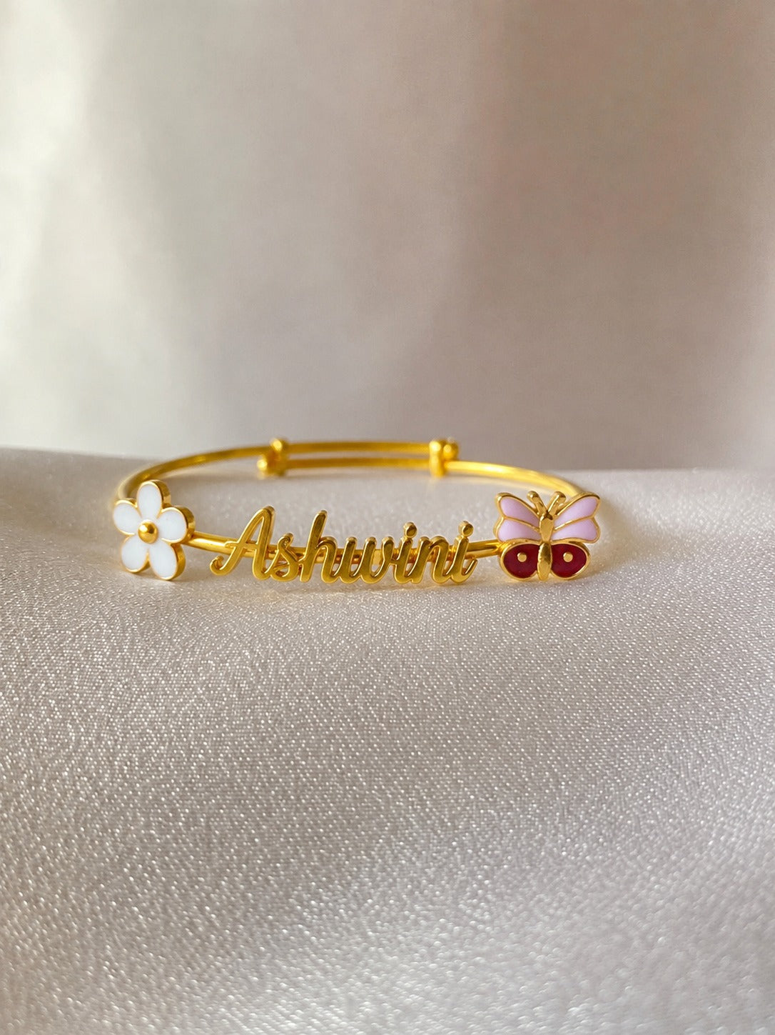 Personalized Name Flower Butterfly Silver Kada
