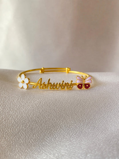 Personalized Name Flower Butterfly Silver Kada