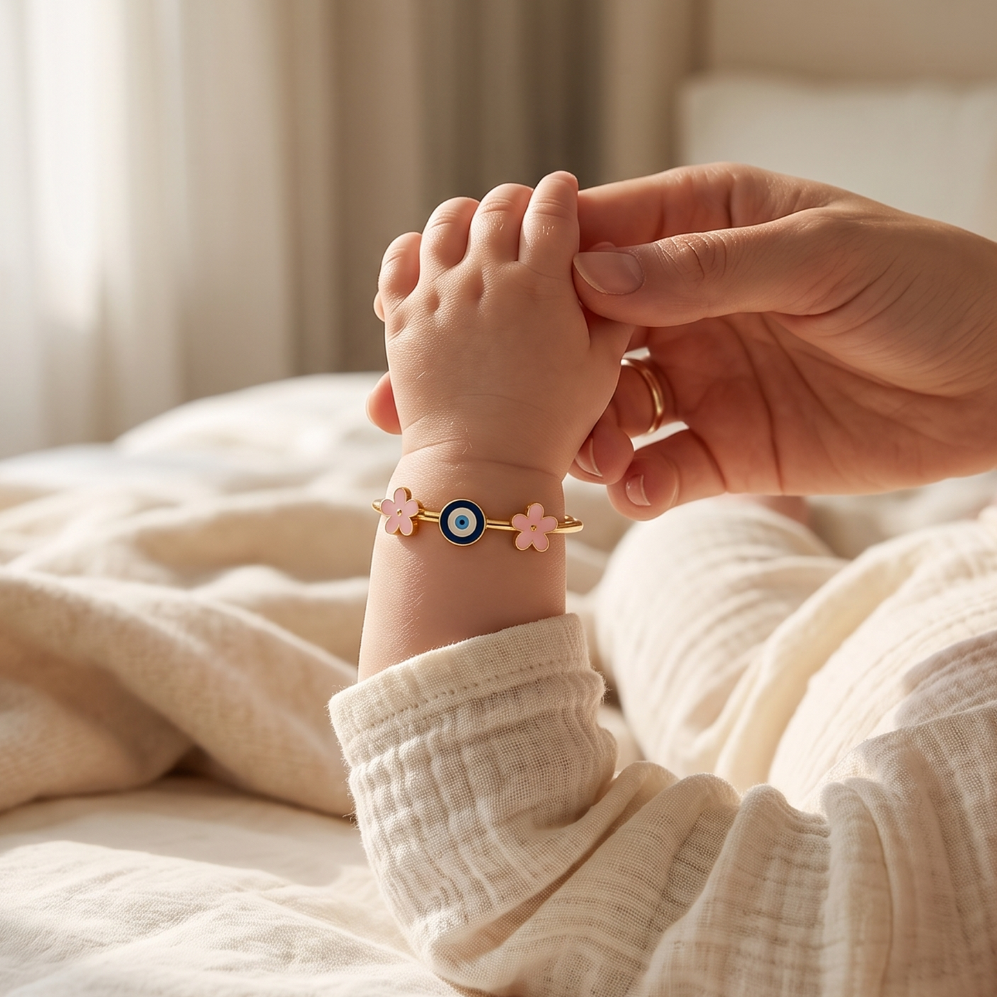 Evil Eye Pink Flower Silver Kada
